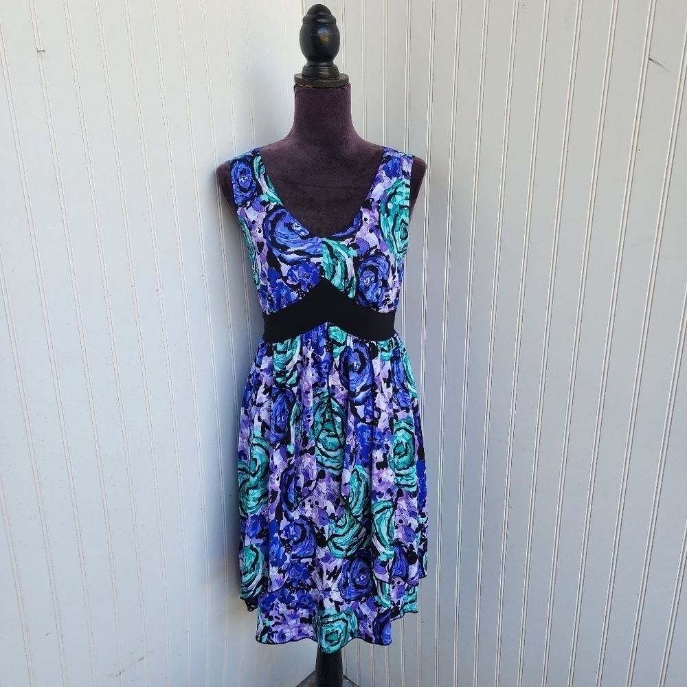 New Directions Summer Dress Knee Length Sleeveless Purple Black Green Stretch S